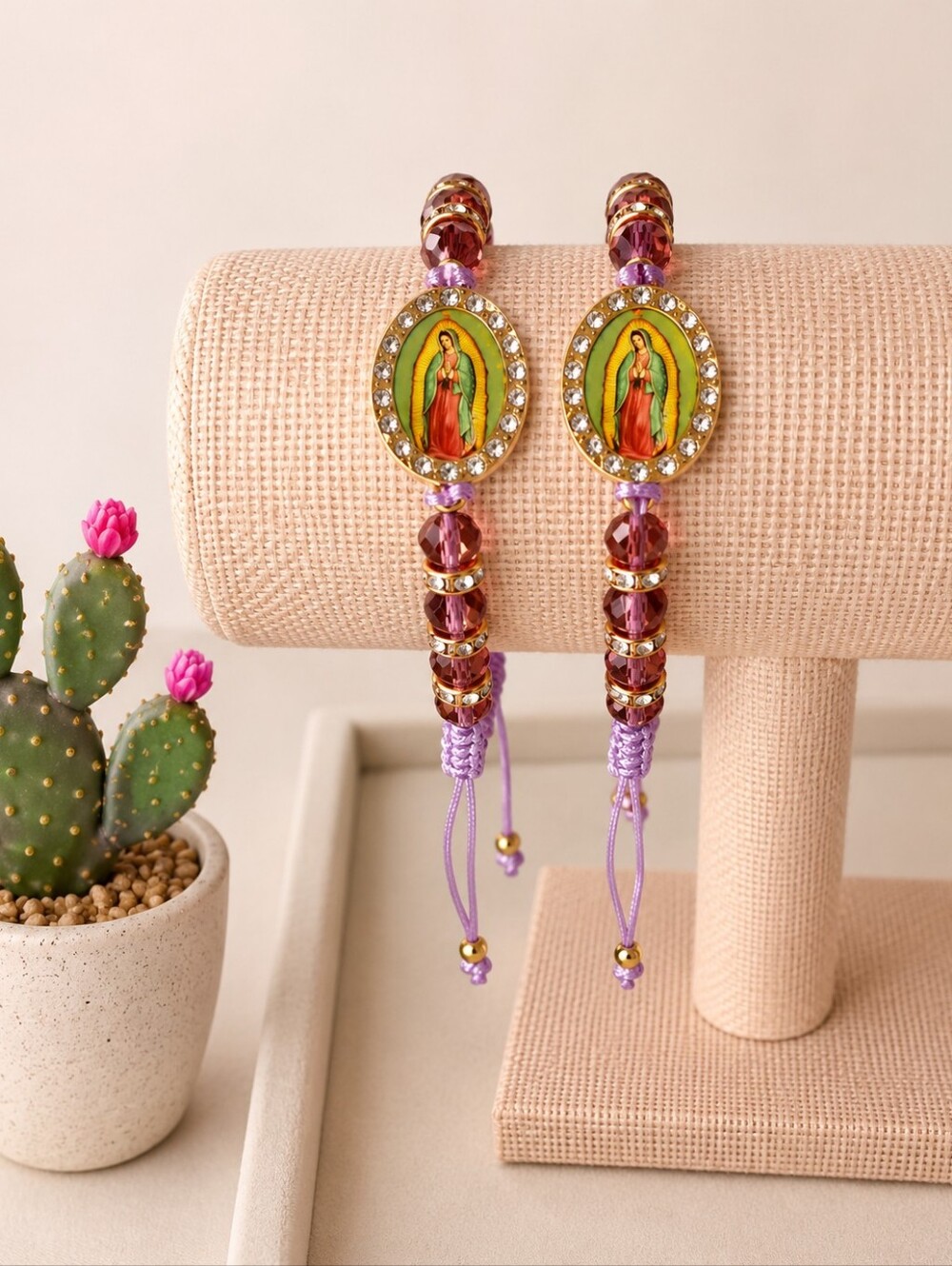 Virgin of Guadalupe Adjustable 2pc Beaded Bracelet – Purple Rhinestone Catholic